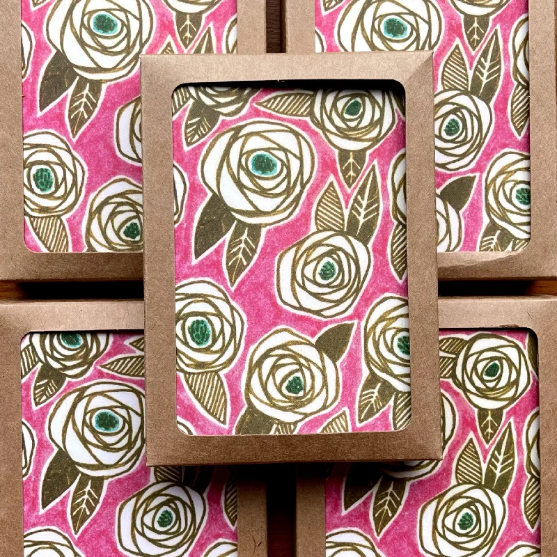 Gold Roses on Pink / Blank Note Cards