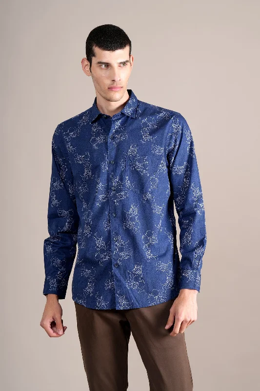 Men's Navy Printed Full Sleeves Casual Shirt