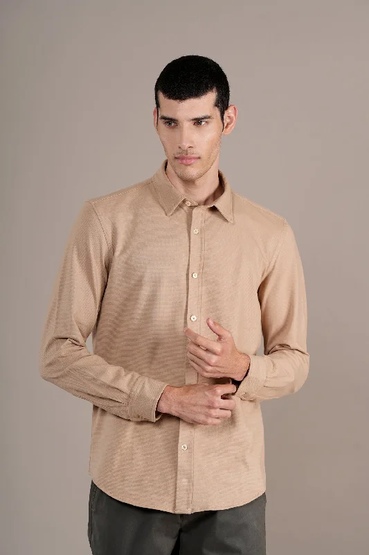 Men's Beige Self Design Full Sleeves Casual Shirt