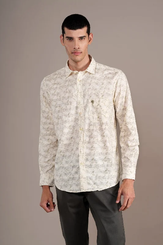 Men's Off White Printed Full Sleeves Casual Shirt