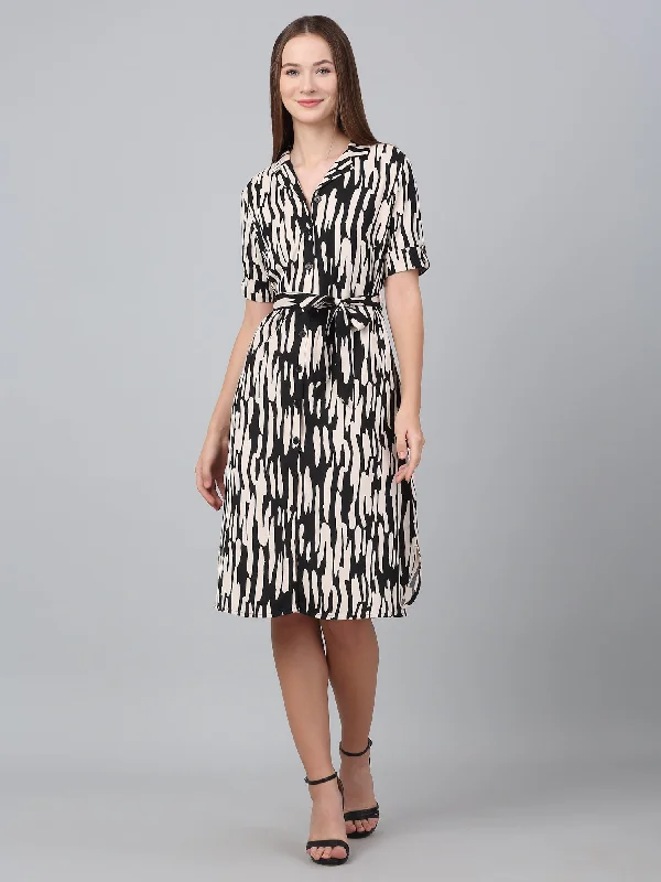 Women Black Shirt Collar Printed Dress