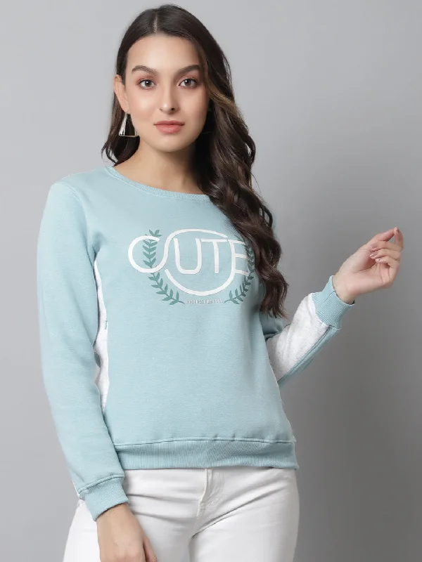 Women's Casual  Aqua Regular Full Sleeve Color block Pullover Sweatshirt