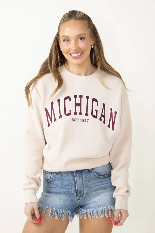 1897 Active Michigan Embroidered Sweatshirt for Women in Cream | GT-079-CREAM