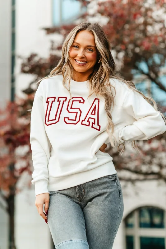 1897 Active USA Embroidered Fleece Sweatshirt for Women in Ivory | GT810-USA-IVORY