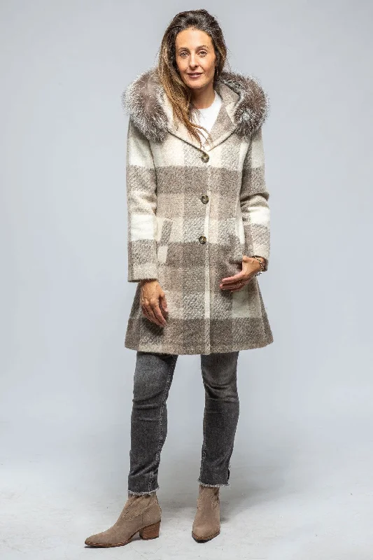 Celine Plaid Coat W/ Fur Trim Hood In Beige