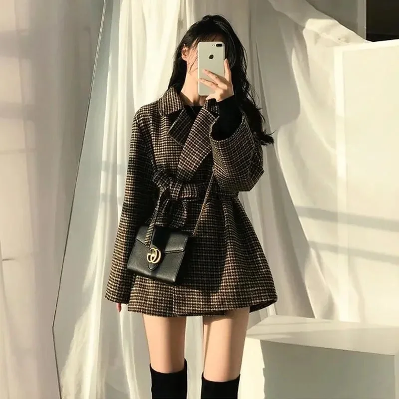 Harriet Plaid Woolen Overcoat with Belt