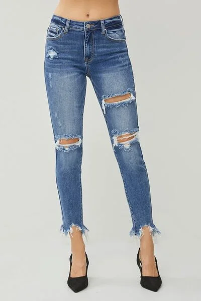 RISEN High Rise Distressed Frayed Hem Skinny Jeans