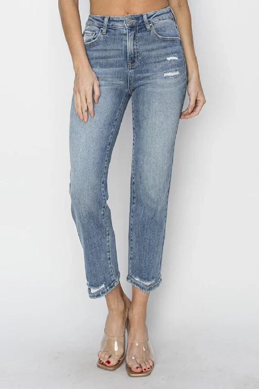 RISEN High Waist Distressed Cropped Jeans