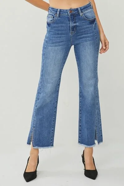 RISEN High Waist Front Seam Raw Hem Slit Straight Leg Jeans