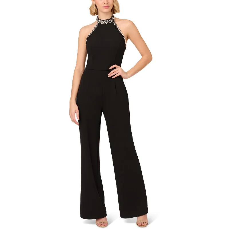 Adrianna Papell Womens Beaded Halter Jumpsuit