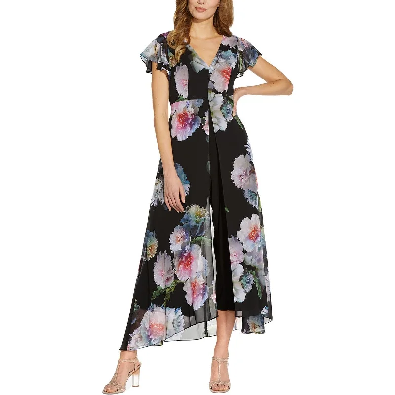 Adrianna Papell Womens Chiffon Overlay Floral Jumpsuit