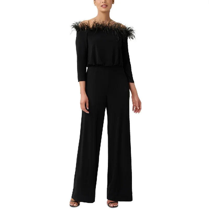 Adrianna Papell Womens Feather-Trim Off-The-Shoulder Jumpsuit