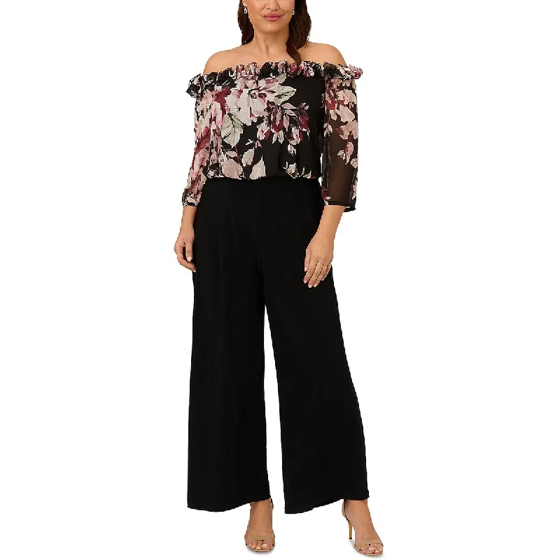 Adrianna Papell Womens Plus Chiffon Off-The-Shoulder Jumpsuit