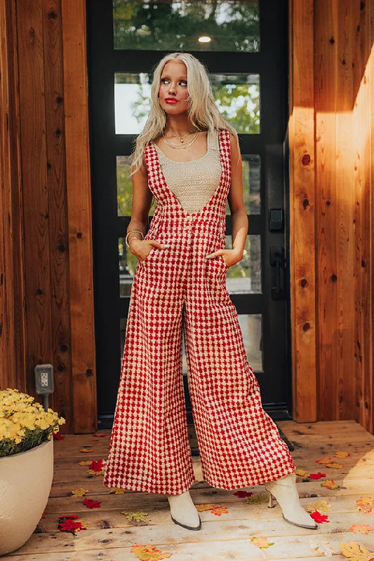 Dreaming Of Soho Houndstooth Jumpsuit In Crimson