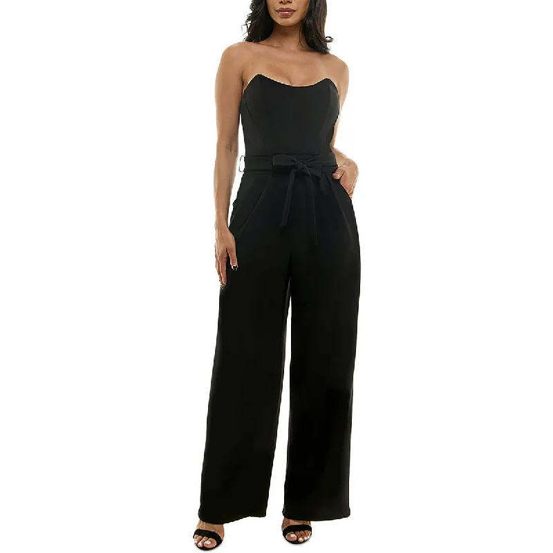 Emerald Sundae Womens Juniors Strapless Wide Leg Jumpsuit