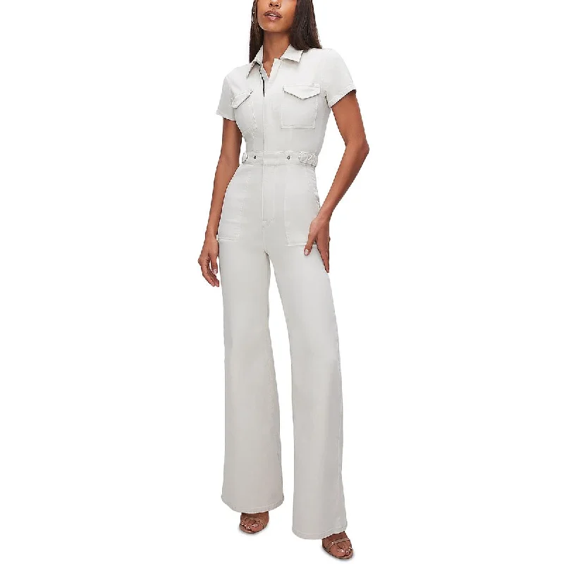 Good American Womens Denim Wide Leg Jumpsuit