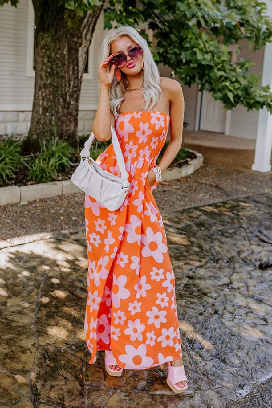 Loft Party Smocked Floral Jumpsuit in Orange