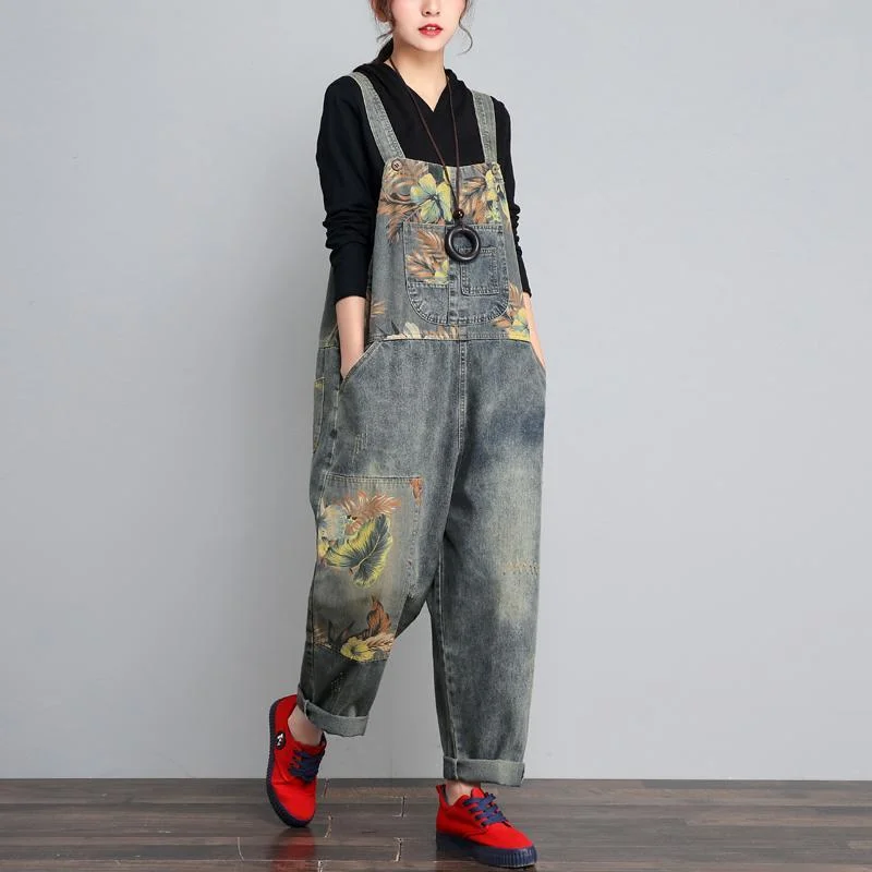 Women Loose Retro Printed Denim Jumpsuits