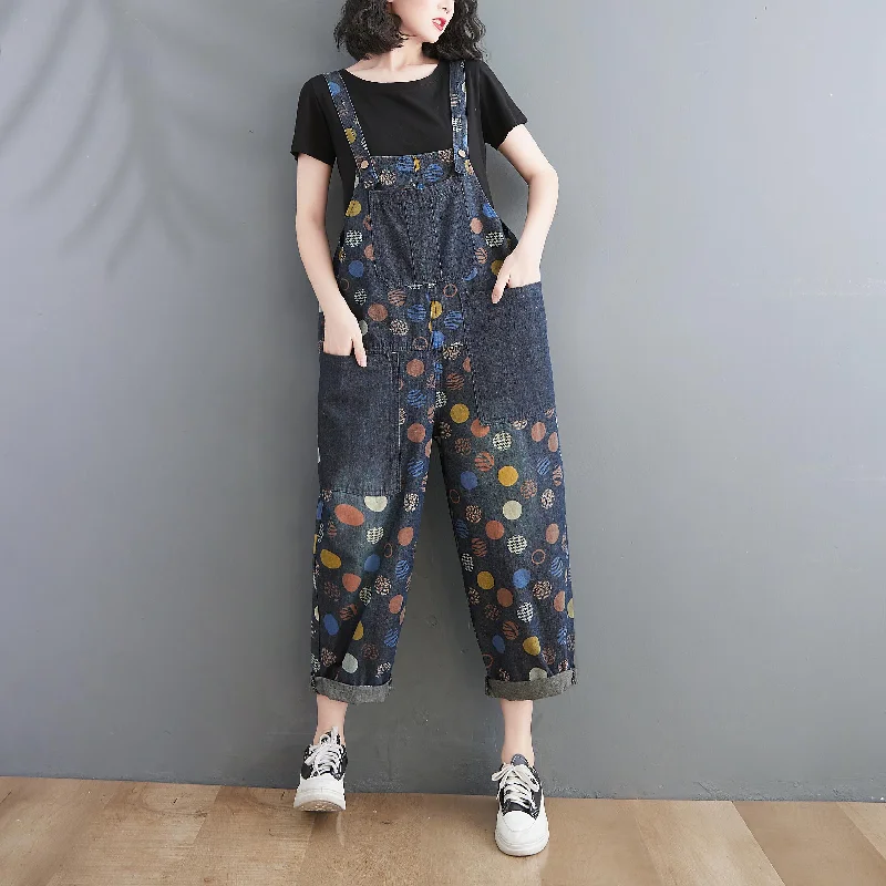 Women Spring Summer Retro Pots Loose Denim Harem Jumpsuit