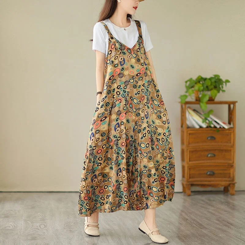 Women Summer Retro Print Loose Casual Jumpsuit