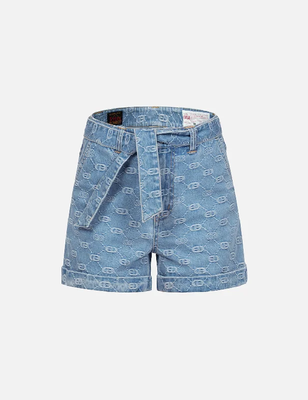 Allover Logo with Pink Diamond-Ironing Seagull Loose Fit Denim Shorts