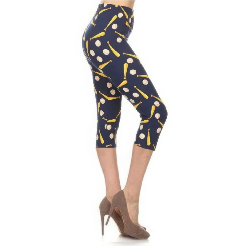 Baseball Printed, High Waisted Capri Leggings In A Fitted Style With An Elastic Waistband