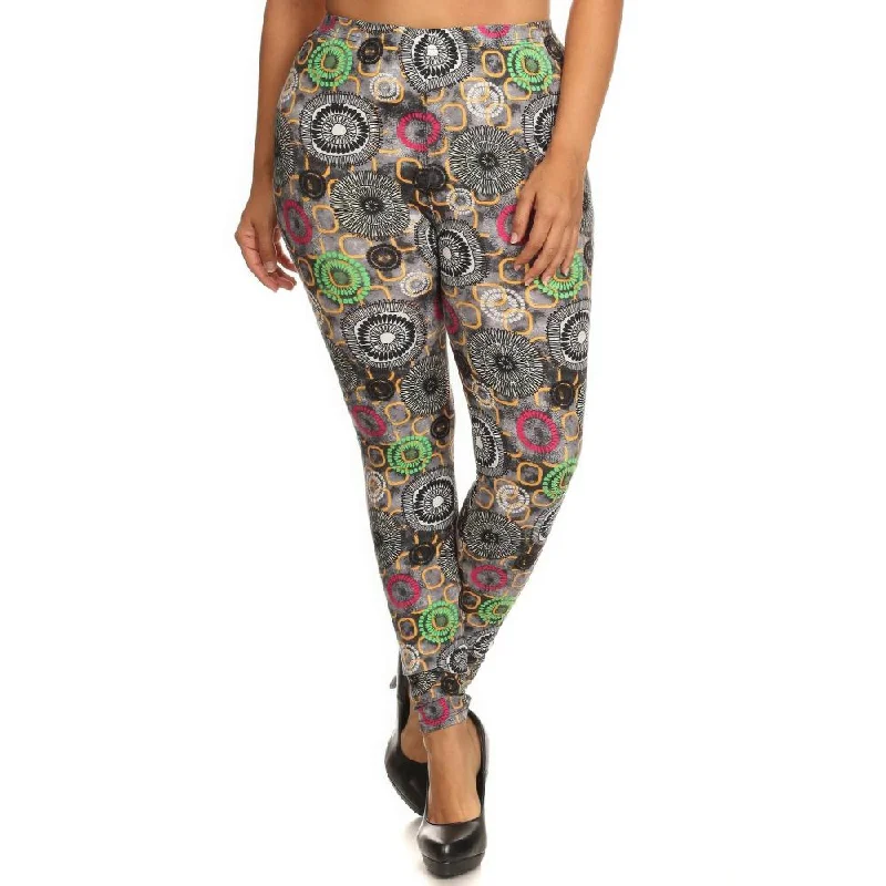 Plus Size Abstract Print, Full Length Leggings In A Slim Fitting Style With A Banded High Waist