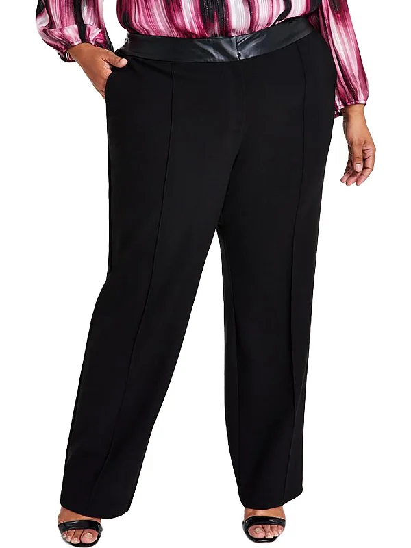 Plus Womens Faux Leather Trim High Rise Wide Leg Pants