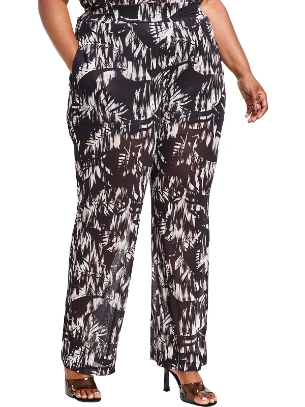 Plus Womens High Rise Mesh Wide Leg Pants